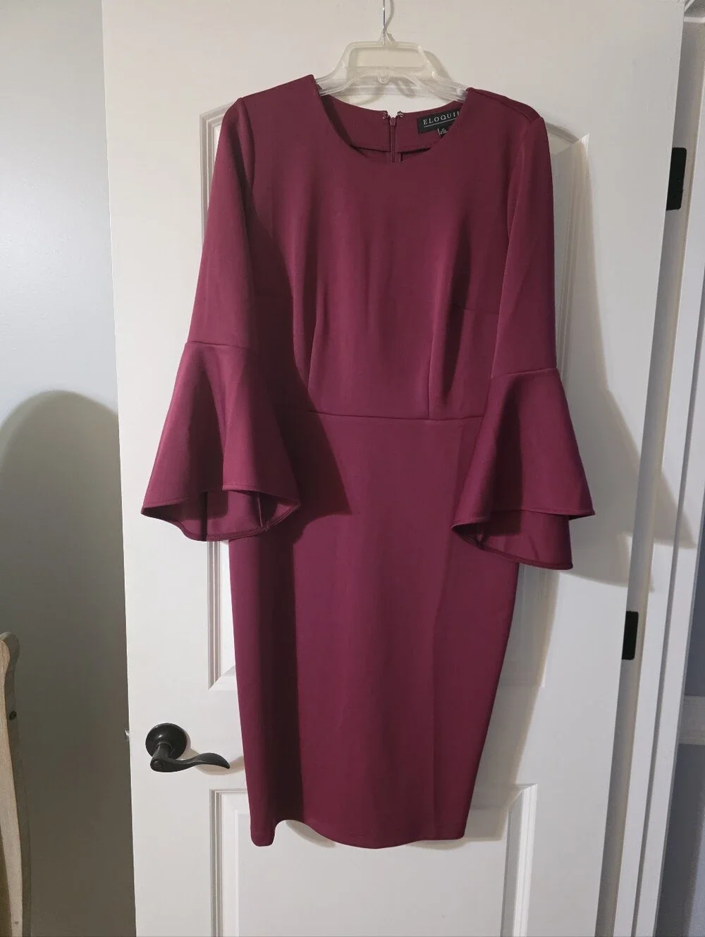 Eloquii Berry Bell-Sleeve Sheath Dress